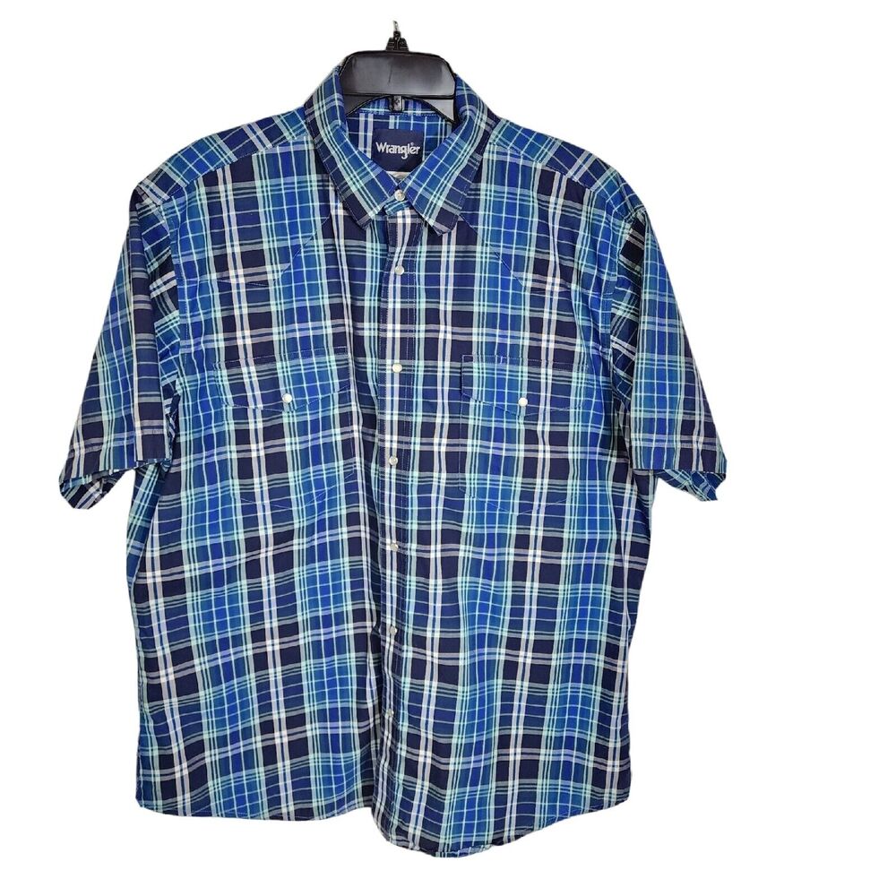 Wrangler Mens Shirt Size XL Pearl Snap Short Sleeve Western Blue Plaid Pockets
